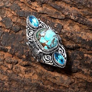 Brown Turquoise and blue topaz Victorian style ring